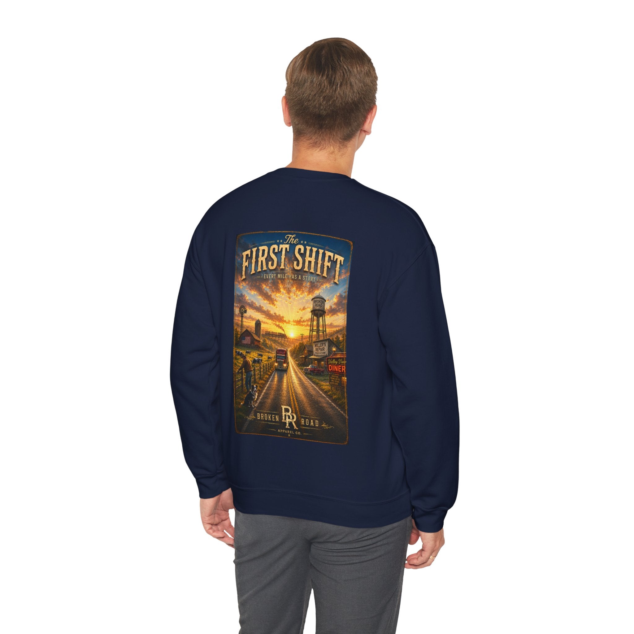 The First Shift™ | Heavy Blend Crewneck Sweatshirt | Broken Road Apparel Co.