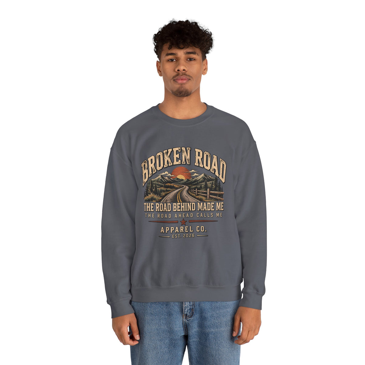 The Road Behind Made Me™ - Broken Road Gear | EMS Heavy Blend Crewneck Sweatshirt | Broken Road Apparel Co.