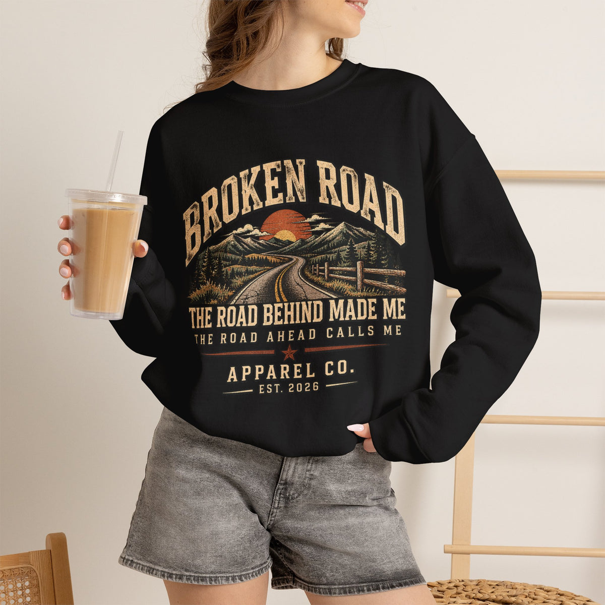 The Road Behind Made Me™ - Broken Road Gear | EMS Heavy Blend Crewneck Sweatshirt | Broken Road Apparel Co.