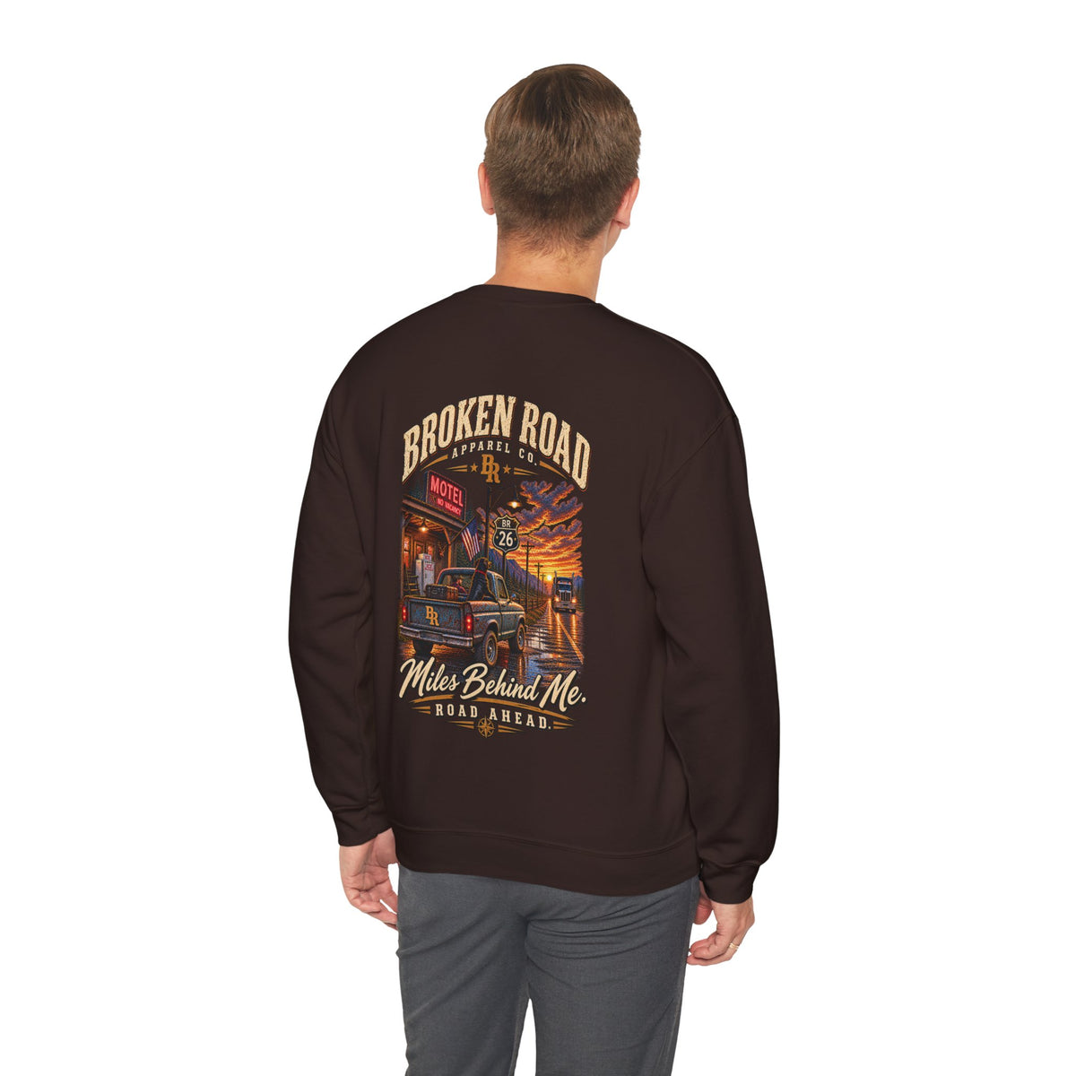 Miles Behind Me. Road Ahead™ | Heavy Blend Crewneck Sweatshirt | Broken Road Apparel Co.