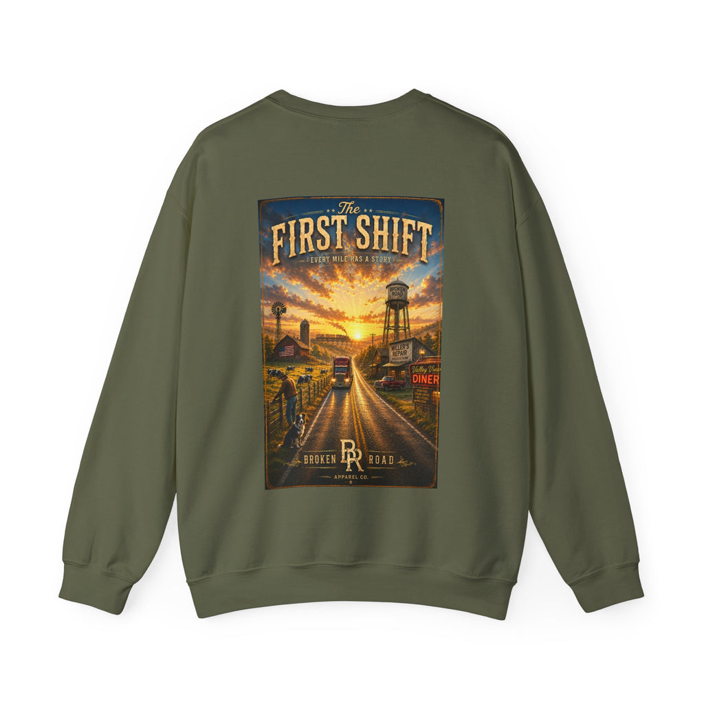 The First Shift™ | Heavy Blend Crewneck Sweatshirt | Broken Road Apparel Co.