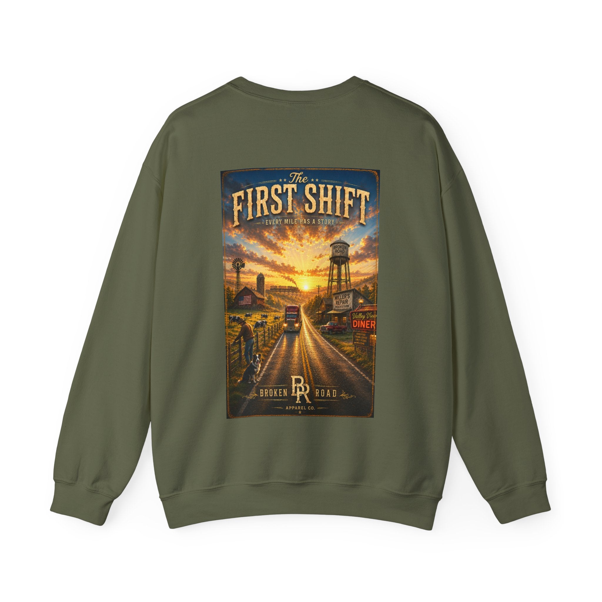 The First Shift™ | Heavy Blend Crewneck Sweatshirt | Broken Road Apparel Co.