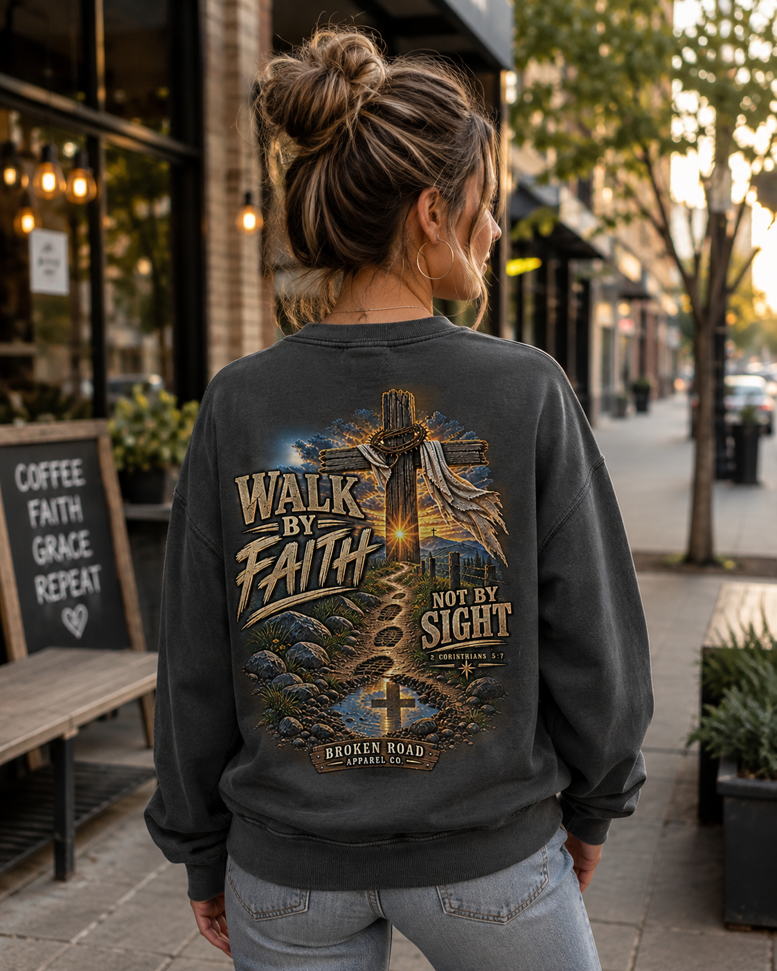 Walk By Faith — The Narrow Road Collection™ | Heavy Blend Crewneck Sweatshirt | Broken Road Apparel Co.