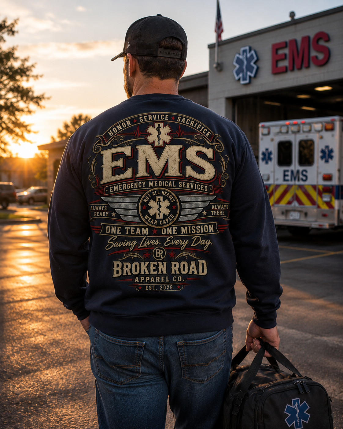 Honor • Service • Sacrifice™ - Broken Road Gear | EMS Heavy Blend Crewneck Sweatshirt | Broken Road Apparel Co.