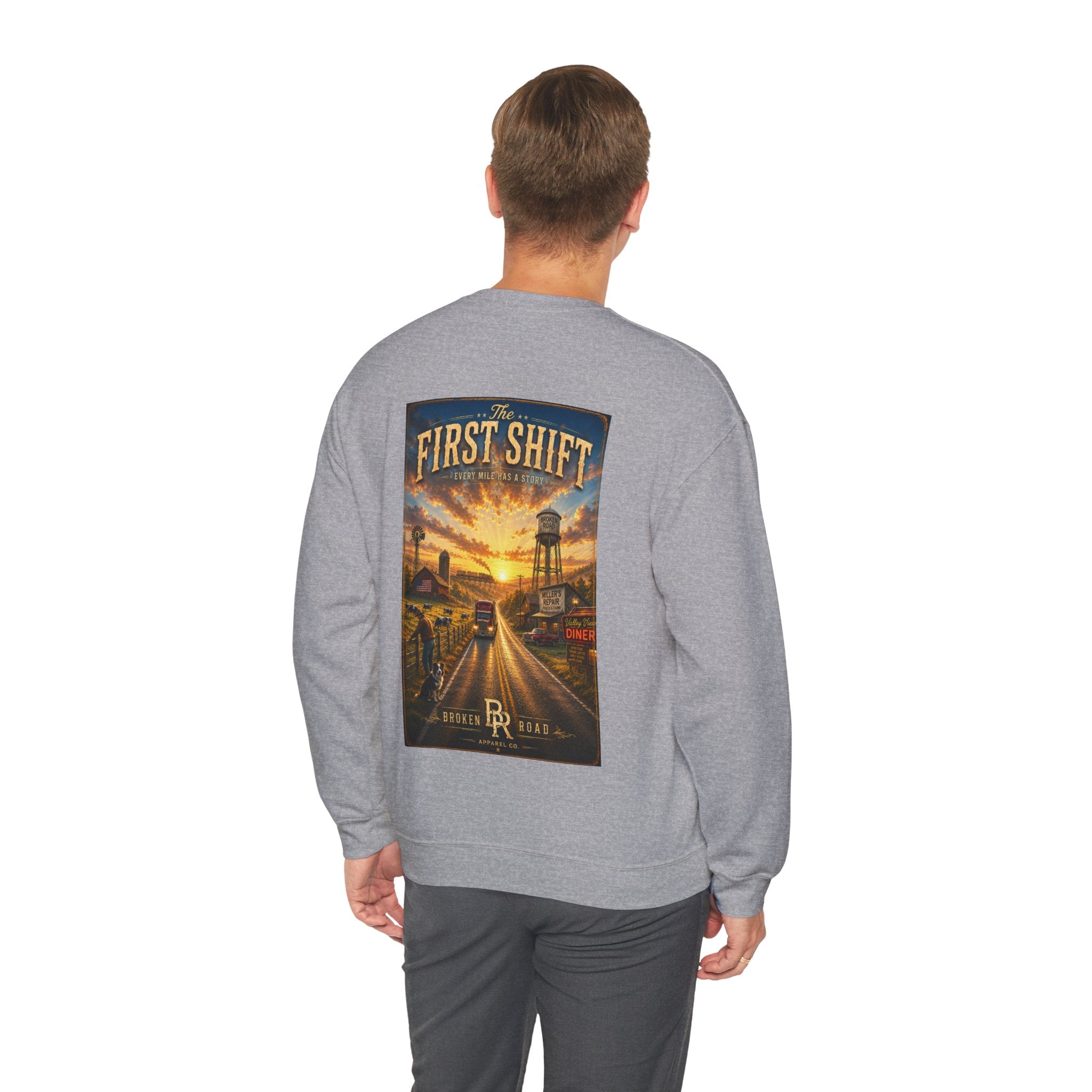 The First Shift™ | Heavy Blend Crewneck Sweatshirt | Broken Road Apparel Co.