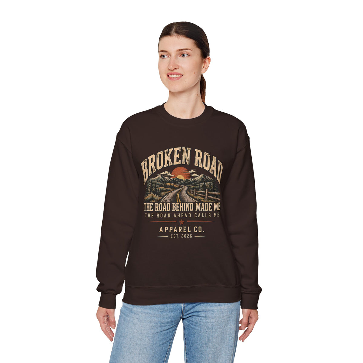 The Road Behind Made Me™ - Broken Road Gear | EMS Heavy Blend Crewneck Sweatshirt | Broken Road Apparel Co.