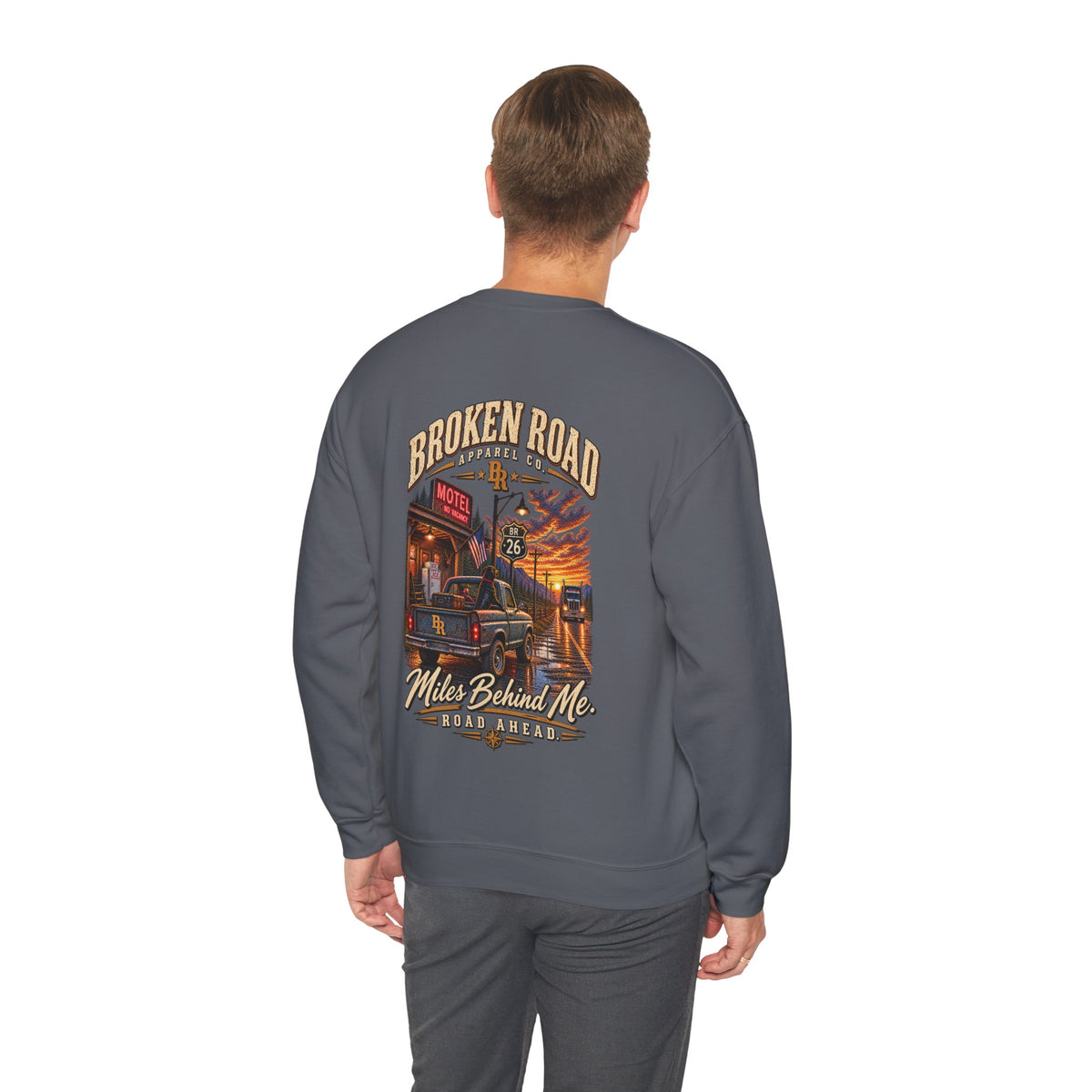 Miles Behind Me. Road Ahead™ | Heavy Blend Crewneck Sweatshirt | Broken Road Apparel Co.