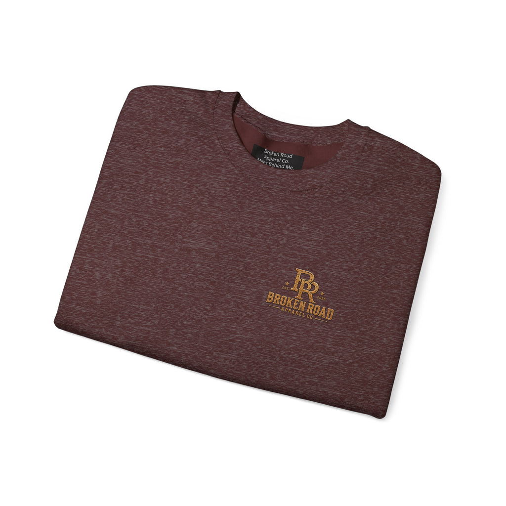 Miles Behind Me. Road Ahead™ | Heavy Blend Crewneck Sweatshirt | Broken Road Apparel Co.